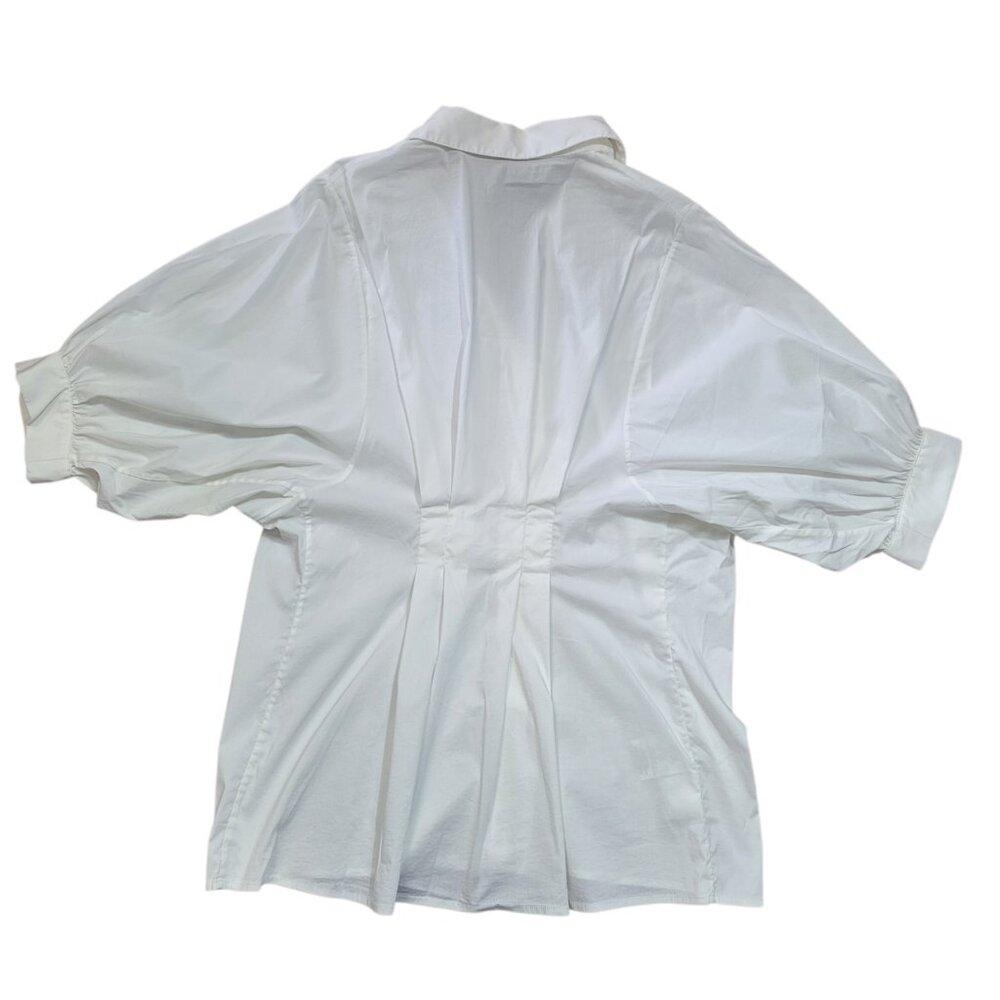 BCBGMaxazria White Poplin Blouse Oversized Puffed Sleeves Pin Tuck Back Sz Med - Picture 2 of 9